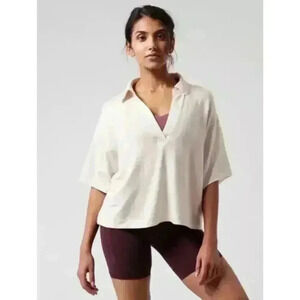 Athleta Westwood Collared V-Neck Cropped Relaxed Sweatshirt Tee Tan Size Small